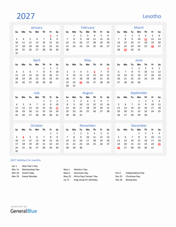 Basic Yearly Calendar with Holidays in Lesotho for 2027