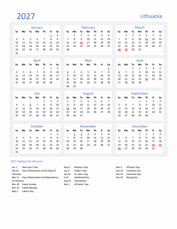 Basic Yearly Calendar with Holidays in Lithuania for 2027 