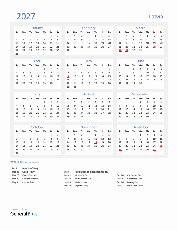 Basic Yearly Calendar with Holidays in Latvia for 2027