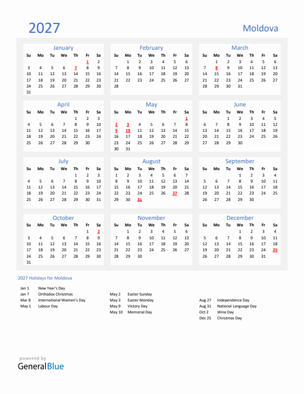 Basic Yearly Calendar with Holidays in Moldova for 2027