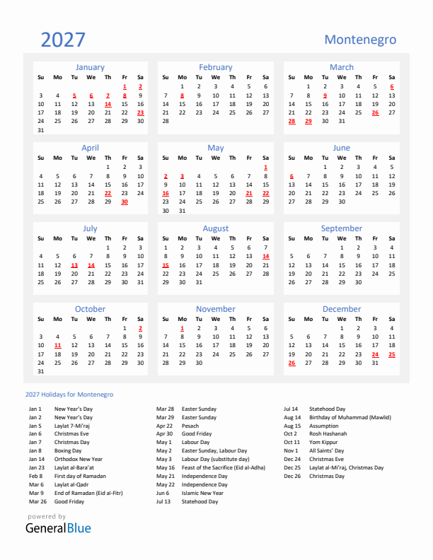 Basic Yearly Calendar with Holidays in Montenegro for 2027 