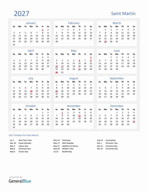 Basic Yearly Calendar with Holidays in Saint Martin for 2027 