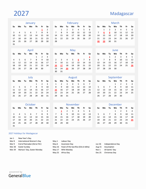 Basic Yearly Calendar with Holidays in Madagascar for 2027