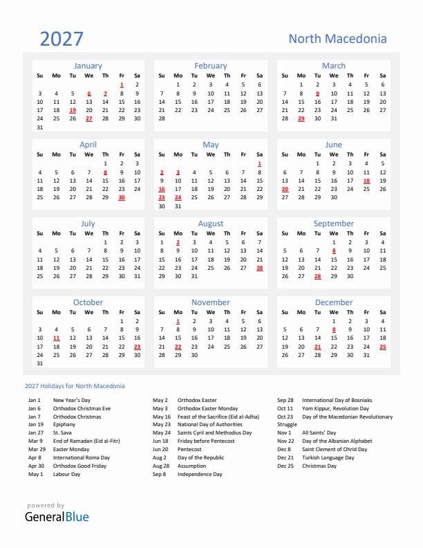 Basic Yearly Calendar with Holidays in North Macedonia for 2027 