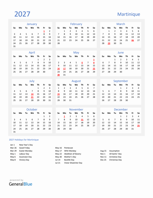 Basic Yearly Calendar with Holidays in Martinique for 2027