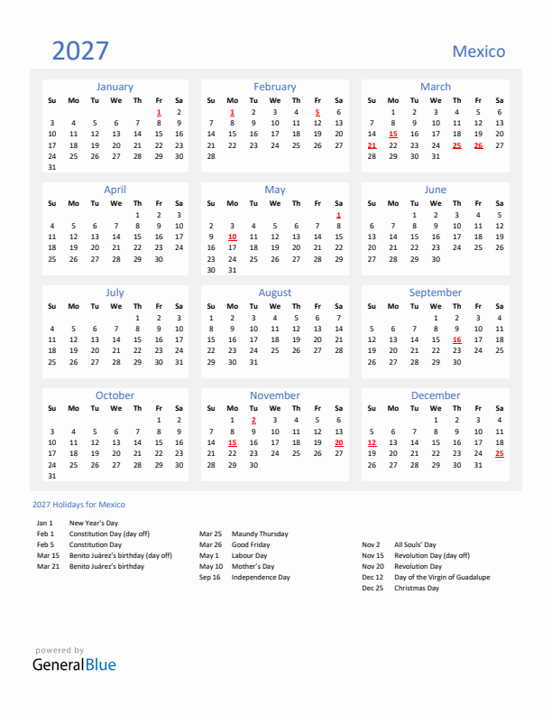 Basic Yearly Calendar with Holidays in Mexico for 2027
