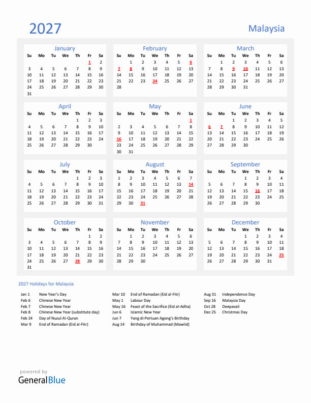 Basic Yearly Calendar with Holidays in Malaysia for 2027 