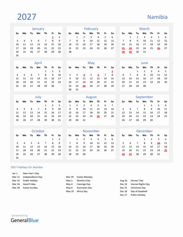 2027 Namibia Calendar With Holidays 2027 Namibia Calendar With Holidays