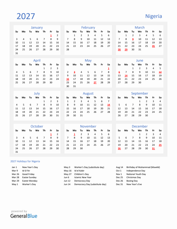Basic Yearly Calendar with Holidays in Nigeria for 2027 