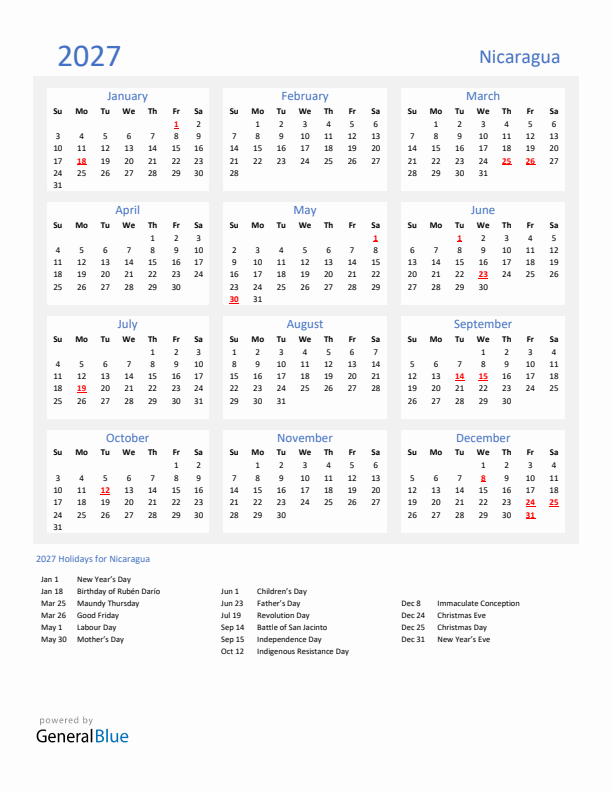 Basic Yearly Calendar with Holidays in Nicaragua for 2027