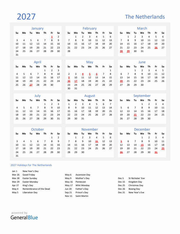 Basic Yearly Calendar with Holidays in The Netherlands for 2027