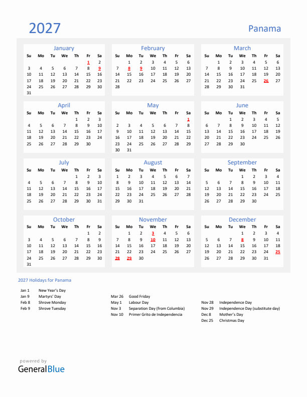 Basic Yearly Calendar with Holidays in Panama for 2027
