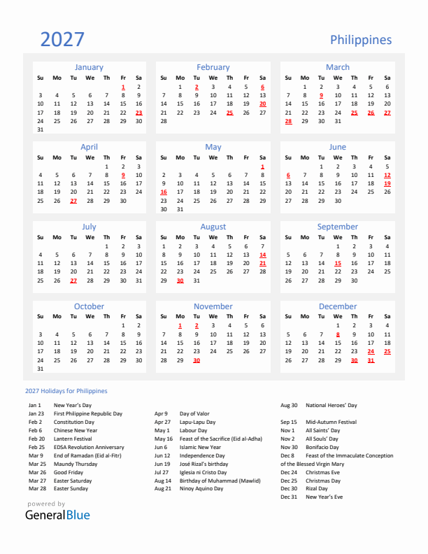 Basic Yearly Calendar with Holidays in Philippines for 2027