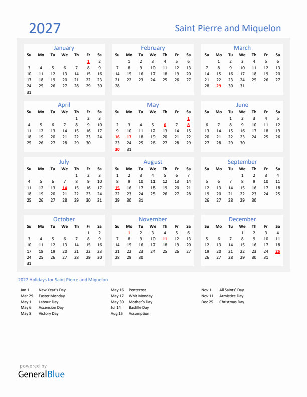 Basic Yearly Calendar with Holidays in Saint Pierre and Miquelon for 2027 