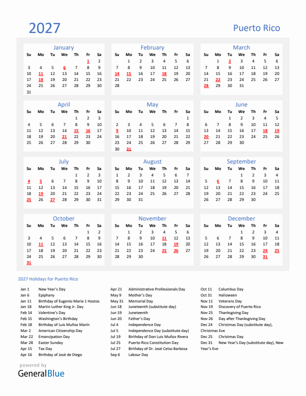 Basic Yearly Calendar with Holidays in Puerto Rico for 2027 