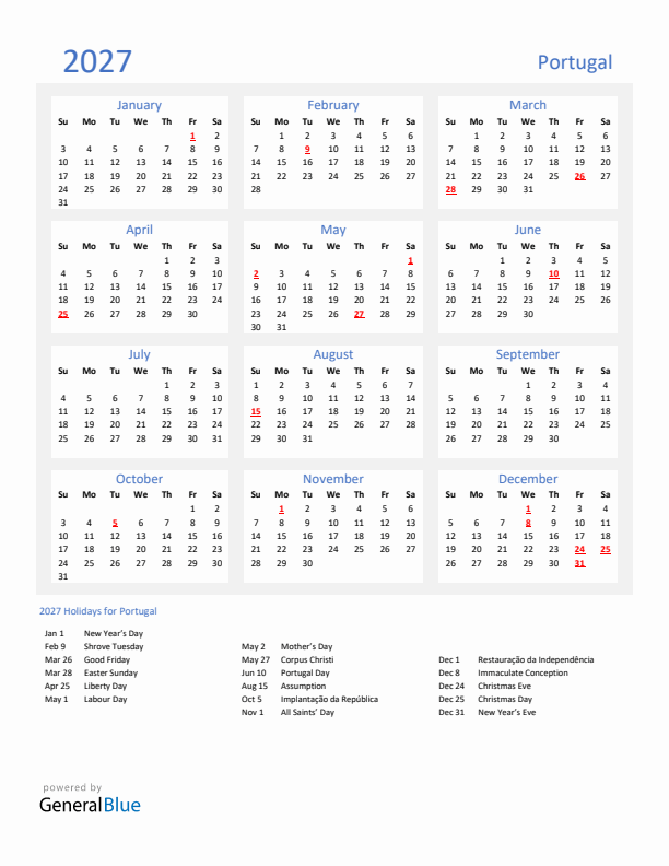 Basic Yearly Calendar with Holidays in Portugal for 2027