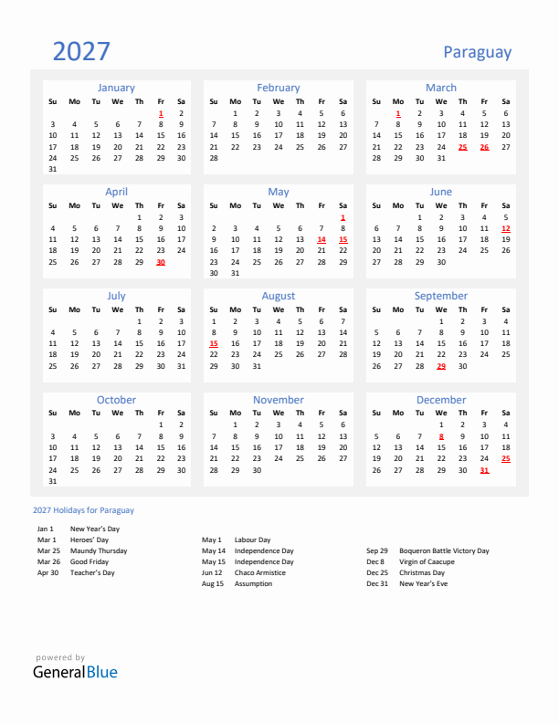 Basic Yearly Calendar with Holidays in Paraguay for 2027