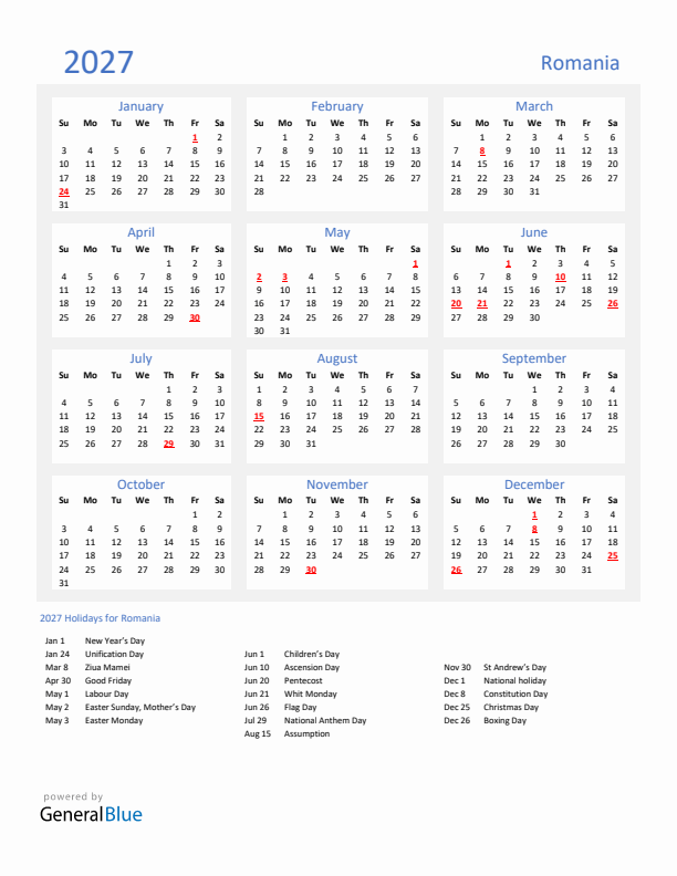 Basic Yearly Calendar with Holidays in Romania for 2027