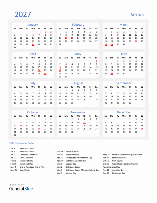 Basic Yearly Calendar with Holidays in Serbia for 2027