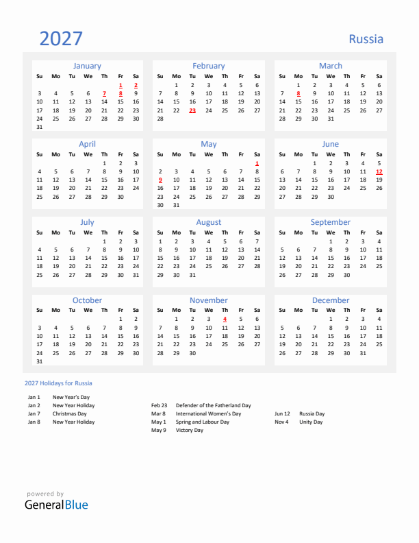 Basic Yearly Calendar with Holidays in Russia for 2027