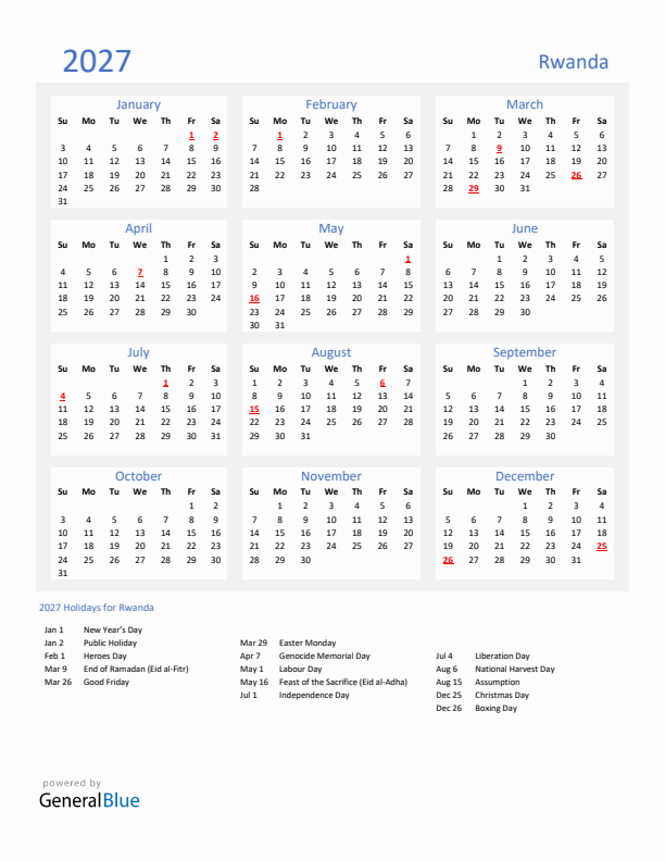 Basic Yearly Calendar with Holidays in Rwanda for 2027