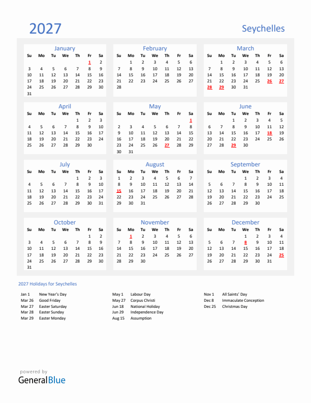 Basic Yearly Calendar with Holidays in Seychelles for 2027 