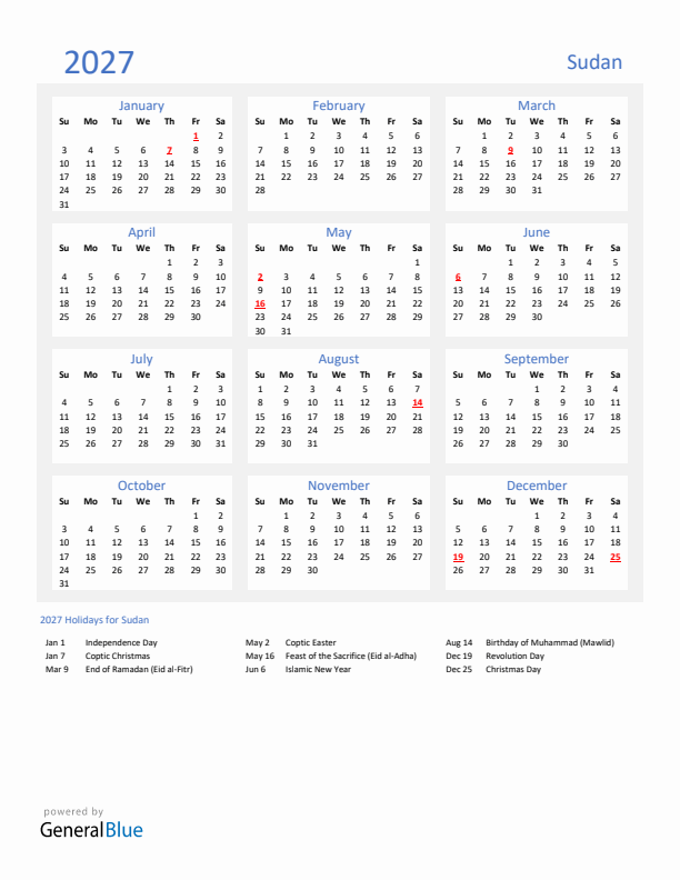 Basic Yearly Calendar with Holidays in Sudan for 2027 