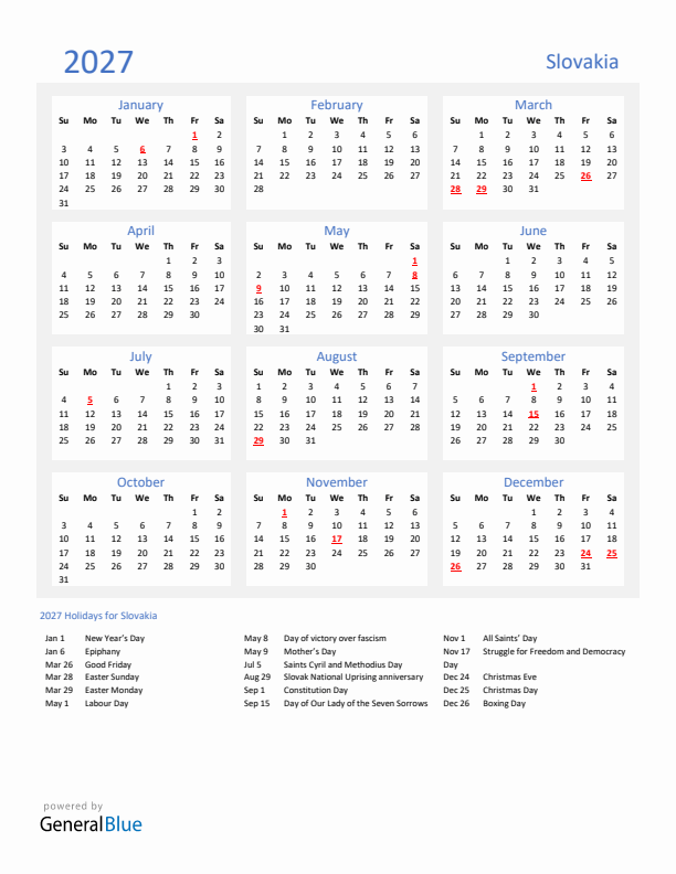 Basic Yearly Calendar with Holidays in Slovakia for 2027