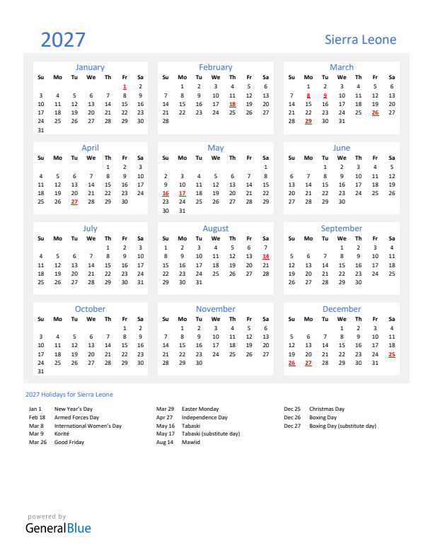 Basic Yearly Calendar with Holidays in Sierra Leone for 2027 