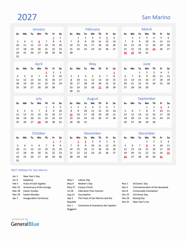 Basic Yearly Calendar with Holidays in San Marino for 2027