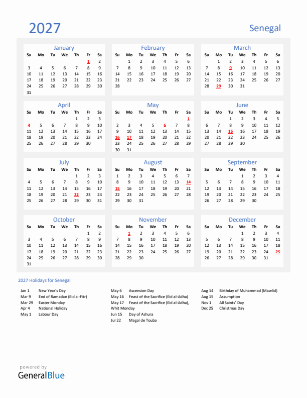 Basic Yearly Calendar with Holidays in Senegal for 2027 