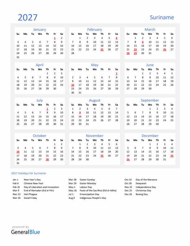 Basic Yearly Calendar with Holidays in Suriname for 2027 