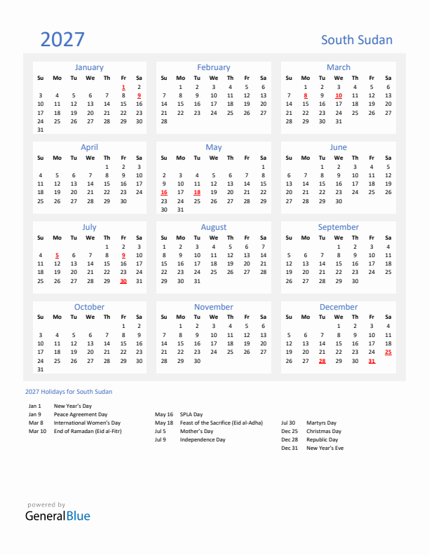 Basic Yearly Calendar with Holidays in South Sudan for 2027