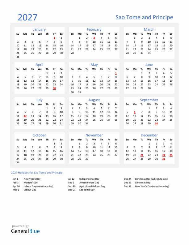 Basic Yearly Calendar with Holidays in Sao Tome and Principe for 2027 