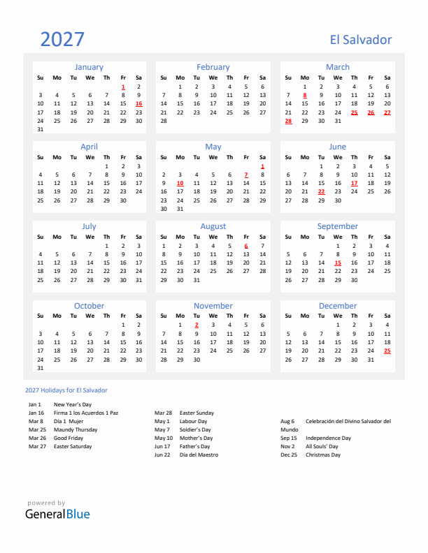 Basic Yearly Calendar with Holidays in El Salvador for 2027