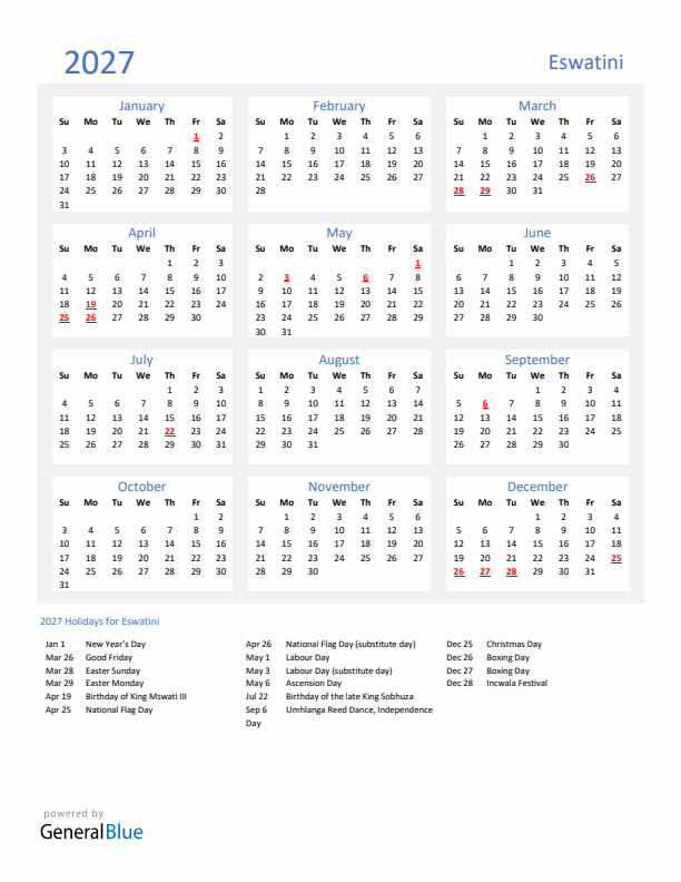 Basic Yearly Calendar with Holidays in Eswatini for 2027 