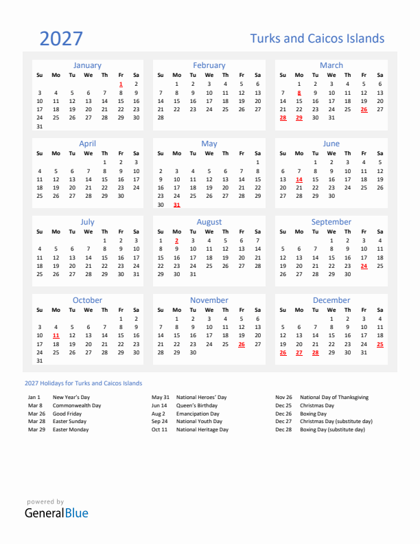 Basic Yearly Calendar with Holidays in Turks and Caicos Islands for 2027 