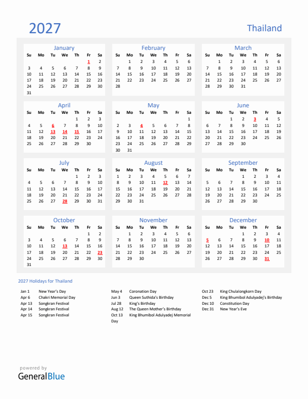 Basic Yearly Calendar with Holidays in Thailand for 2027 