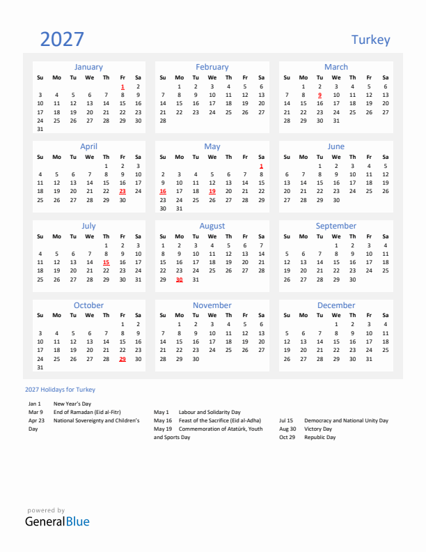 Basic Yearly Calendar with Holidays in Turkey for 2027
