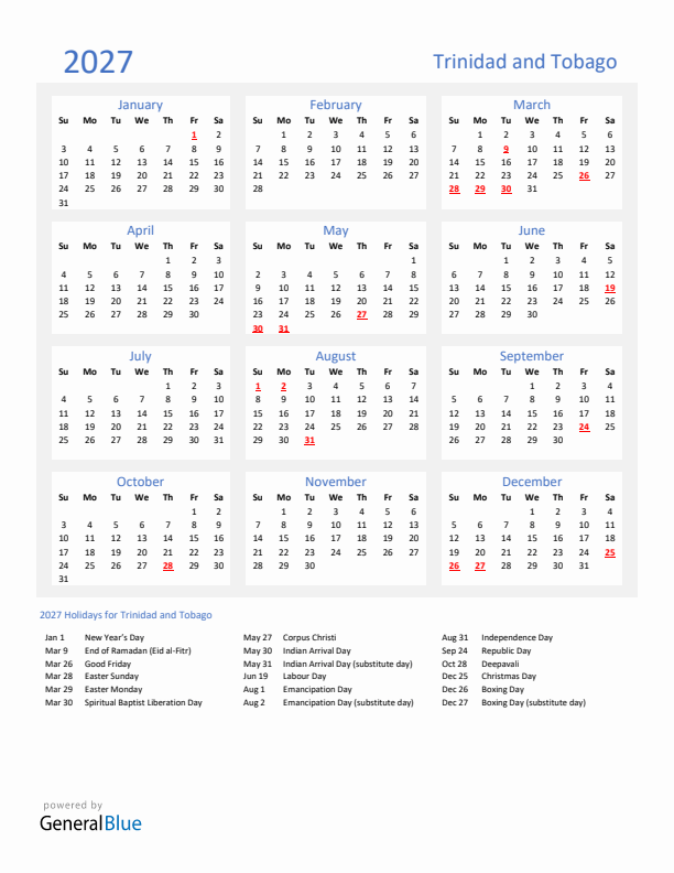Basic Yearly Calendar with Holidays in Trinidad and Tobago for 2027 