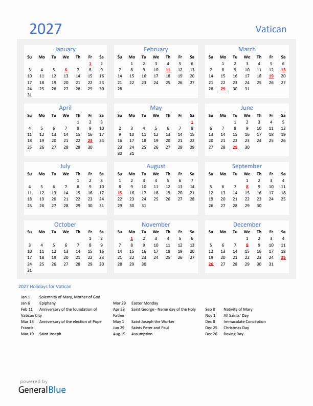 Basic Yearly Calendar with Holidays in Vatican for 2027