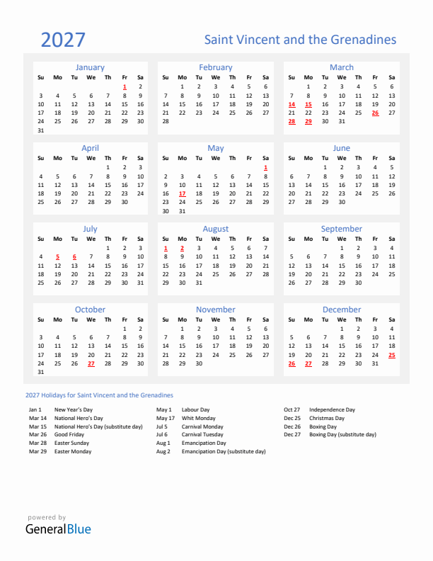 Basic Yearly Calendar with Holidays in Saint Vincent and the Grenadines for 2027 