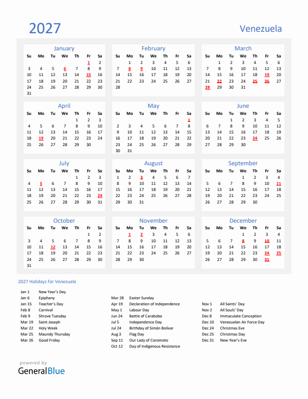 Basic Yearly Calendar with Holidays in Venezuela for 2027