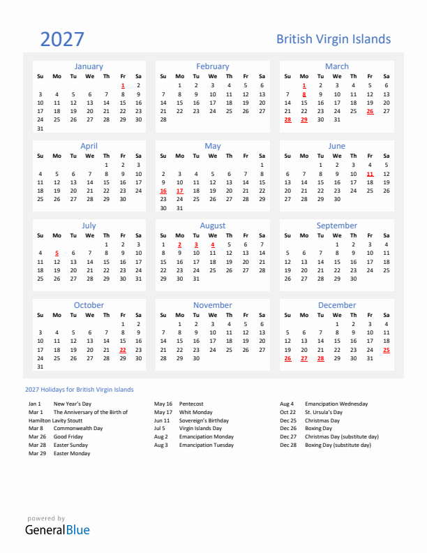 Basic Yearly Calendar with Holidays in British Virgin Islands for 2027 