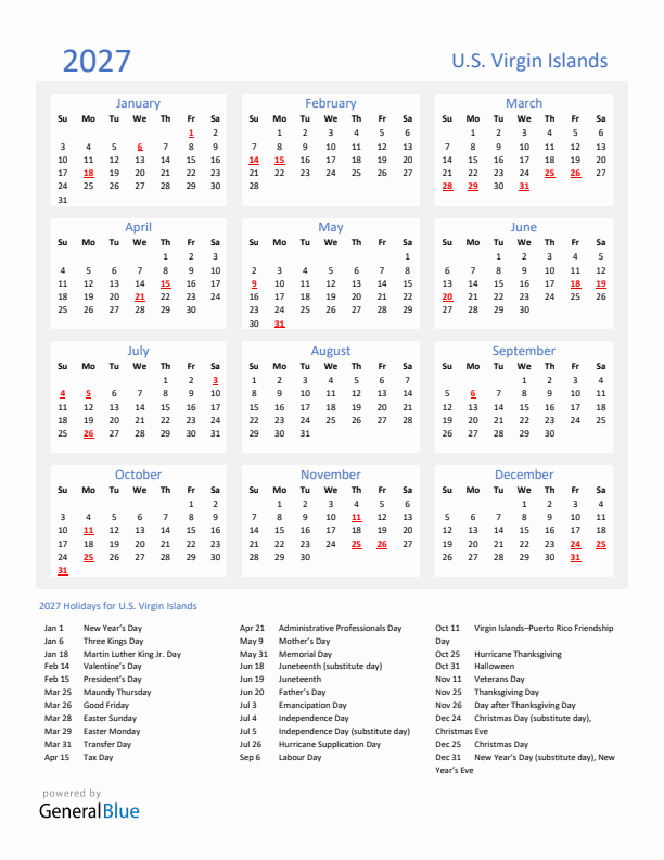 Basic Yearly Calendar with Holidays in U.S. Virgin Islands for 2027 
