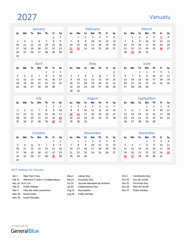 Basic Yearly Calendar with Holidays in Vanuatu for 2027 