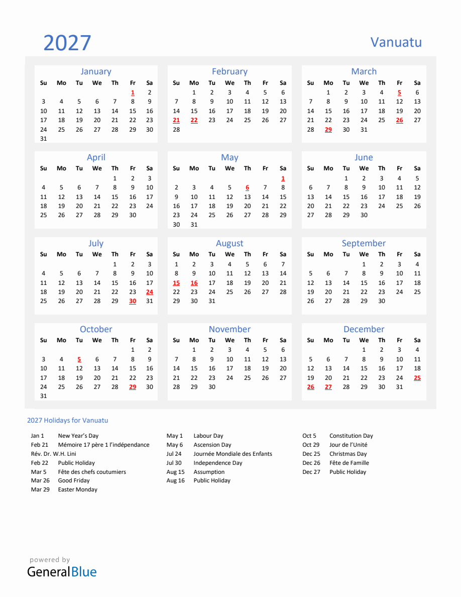 Basic Yearly Calendar with Holidays in Vanuatu for 2027