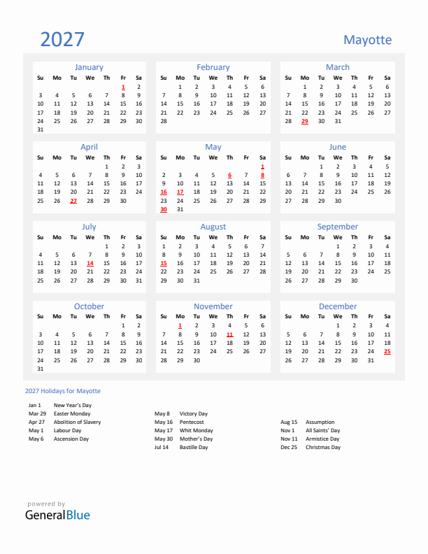Basic Yearly Calendar with Holidays in Mayotte for 2027