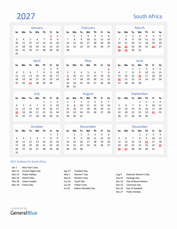 Basic Yearly Calendar with Holidays in South Africa for 2027