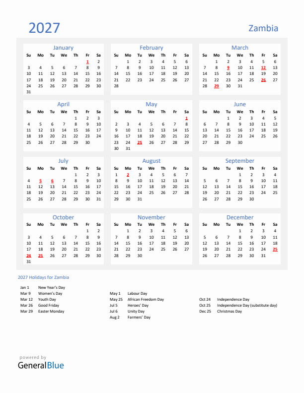 Basic Yearly Calendar with Holidays in Zambia for 2027